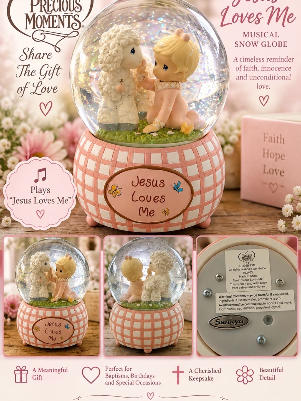 Precious Moments Pink and White Checkered 'Jesus Loves Me' Musical Snow Globe
